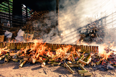 Thai food glutinous rice roasted made from bamboo tubes, khoalamの写真素材