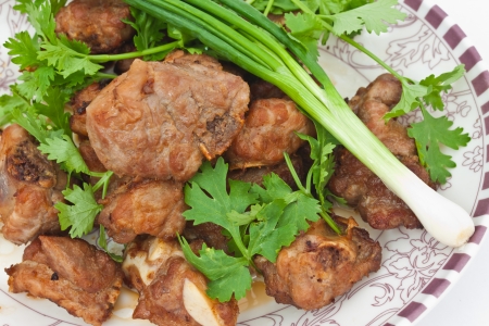 fry pork include leek and parsleyの写真素材