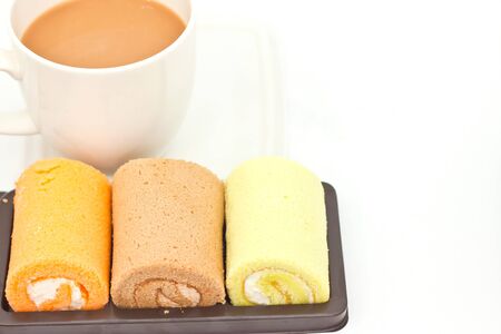 Delicious breads and cup of coffee on white paperの写真素材