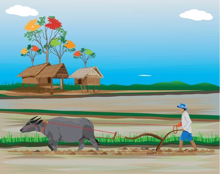 A Farmer plowing the field.のイラスト素材