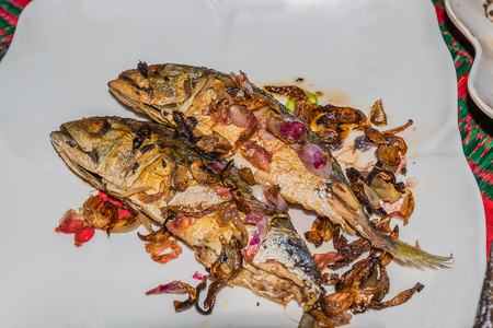 mackerel with fried onionの写真素材