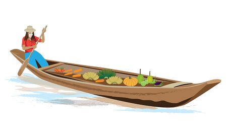 Girl in a boat with fruits and vegetables.のイラスト素材