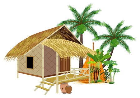 isolate grass hut and ingredient around hut vector designのイラスト素材
