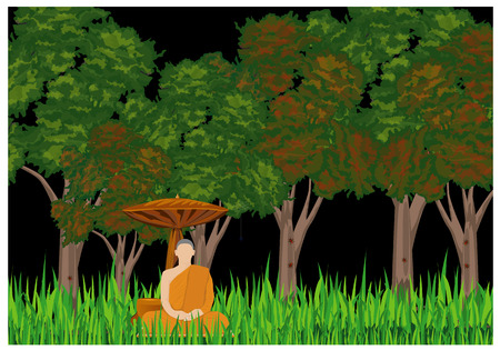 the monk meditation in forest vector designのイラスト素材