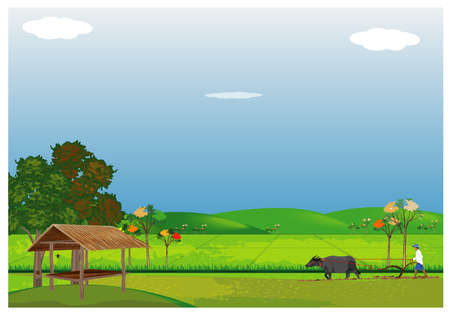 farmer plow in paddy field vector designのイラスト素材