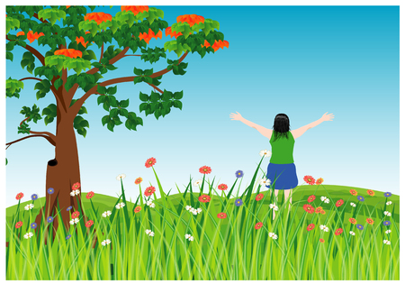 one lady stand extend the arms in flower garden vector designのイラスト素材