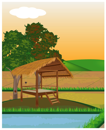 straw hut in paddy field vector designのイラスト素材