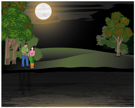 two young loy kratong under full moon vector designのイラスト素材