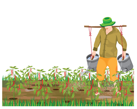 agriculturist watering chili plant vector designのイラスト素材