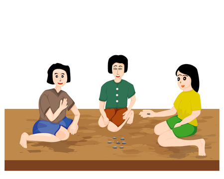 three girls play jack stones vector designのイラスト素材