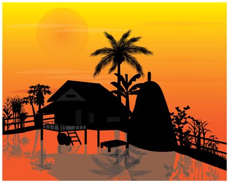 silhouette straw hut with vegetable around picketのイラスト素材