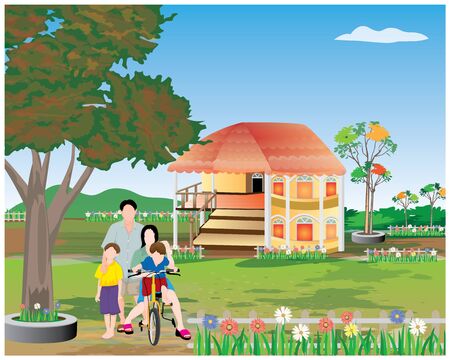 happiness family with luxury home vector designのイラスト素材