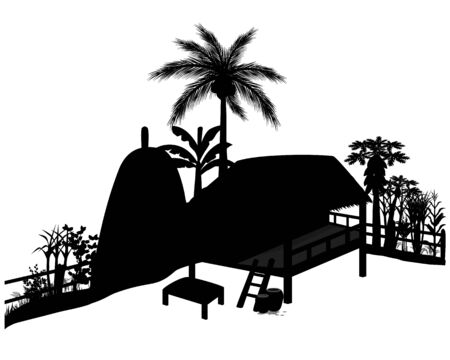 silhouette straw hut and vegetable around picketのイラスト素材