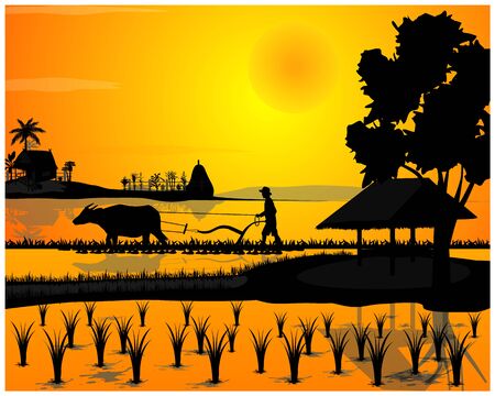 silhouette farmer plow in paddy field vector designのイラスト素材