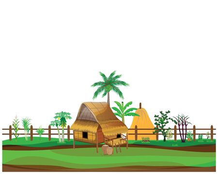 straw hut with vegetable around picket vector designのイラスト素材