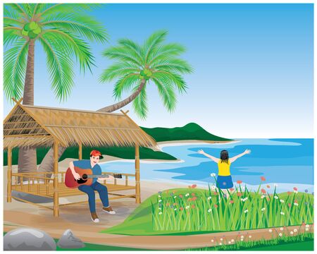 the man and woman at the sea,play guitar happyのイラスト素材