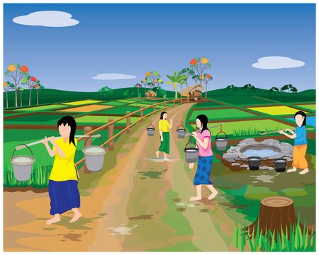 countryside girl harvest water from soil pond vector designのイラスト素材