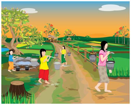 many girl harvest water from pond at countryside vector designのイラスト素材