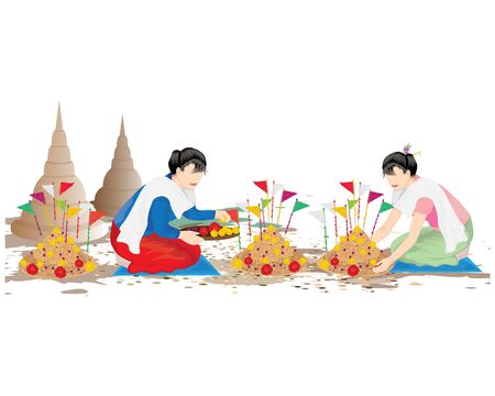 two woman with Sand pagodas vector designのイラスト素材