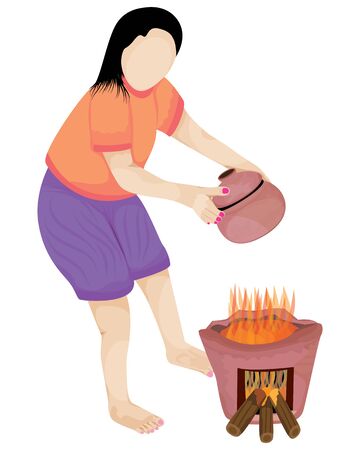 one woman Cook with a clay pot vector designのイラスト素材