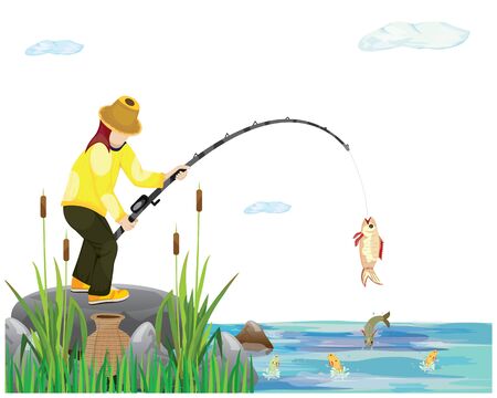one boy fishing at canal vector designのイラスト素材