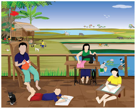 lifestyle of people at countryside,farmer transplant rice seeding,happiness family, vector designのイラスト素材