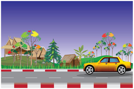 yellow car on the road at countryside vector designのイラスト素材