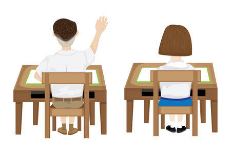 boy and girl students sitting on table vector designのイラスト素材
