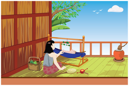 countryside woman with a baby in crib vector designのイラスト素材