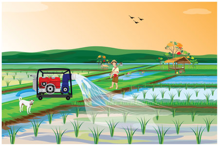 farmer work with water pump in paddy field vector design,のイラスト素材