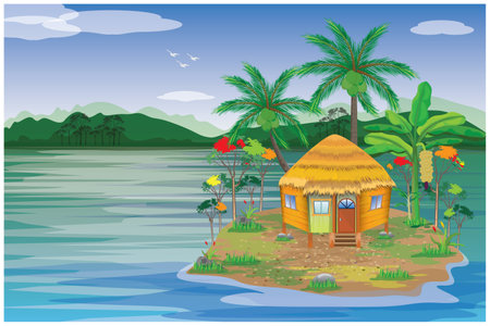 straw hut on beach vector designのイラスト素材