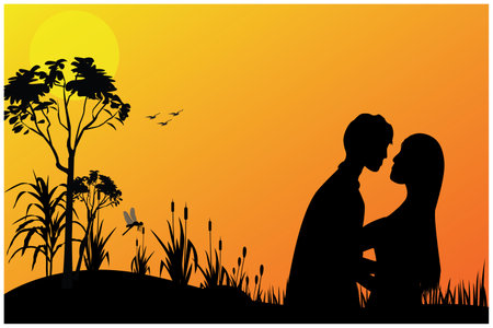 silhouette Young man and woman fall in love cartoon shape vector designのイラスト素材