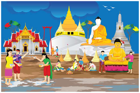 people make beautiful sand pagoda in temple on Songkran festival ,Merit making traditions vector designのイラスト素材