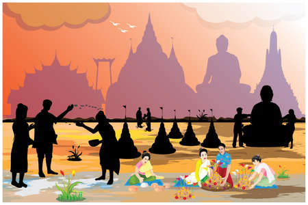 people make beautiful sand pagoda in temple on Songkran festival ,Merit making traditions vector designのイラスト素材