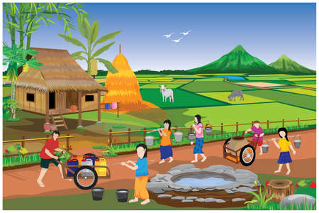 lifestyle of people at countryside  vector design,countryside girl harvest water from pond undergroundのイラスト素材