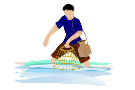 isolated agriculturist catch fish with a coop vector designのイラスト素材