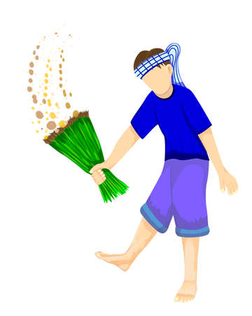 isolated farmer pull small rice plant in paddy field vector designのイラスト素材