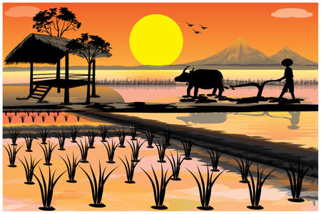 silhouette farmer plow in paddy field vector designのイラスト素材