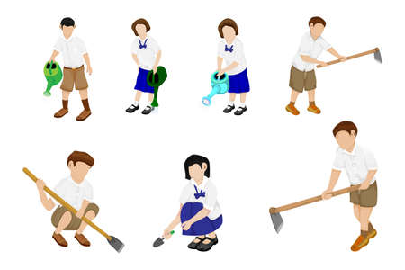 isolated boy and girl students with garden equipment vector designのイラスト素材
