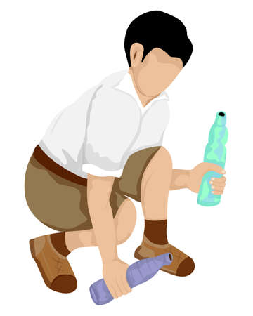 isolated boy student put plastic bottle into sack on white background vector designのイラスト素材