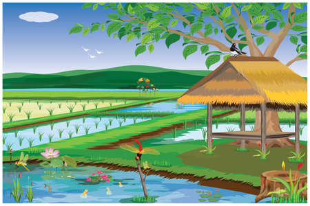 straw hut  at countryside with beautiful nature vector designのイラスト素材