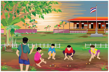 countryside boy play glass marble ball in front of school vector designのイラスト素材