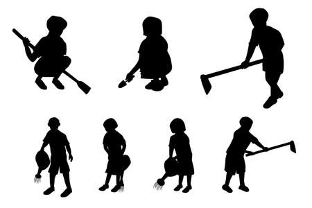 silhouette boy and girl students with garden equipment vector designのイラスト素材