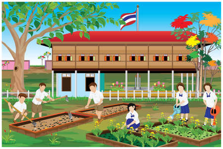 Thailand students plant vegetable in front of school building vector designの写真素材