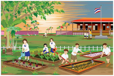 Thailand students plant vegetable in front of school building vector designの写真素材