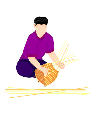 isolated one man weaving fish trap on white background vector designのイラスト素材