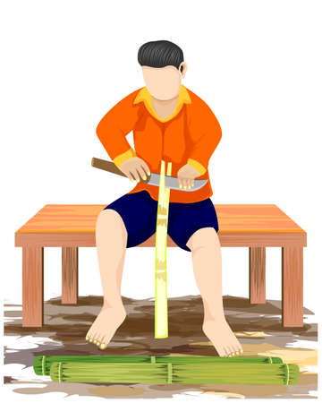agriculturist sit on litter cutting bamboo vector designのイラスト素材