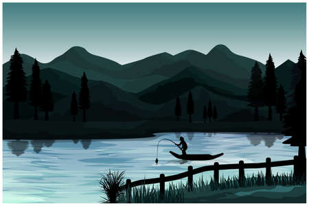 silhouette one man fishing on the lake vector designのイラスト素材