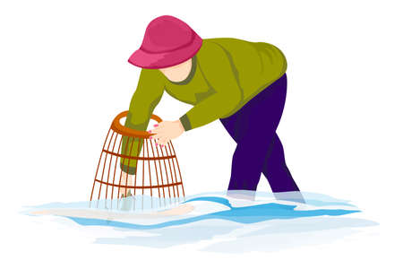 agriculturist catch fish with a coop vector designのイラスト素材