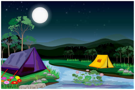 camping use tents in forest vector designの写真素材